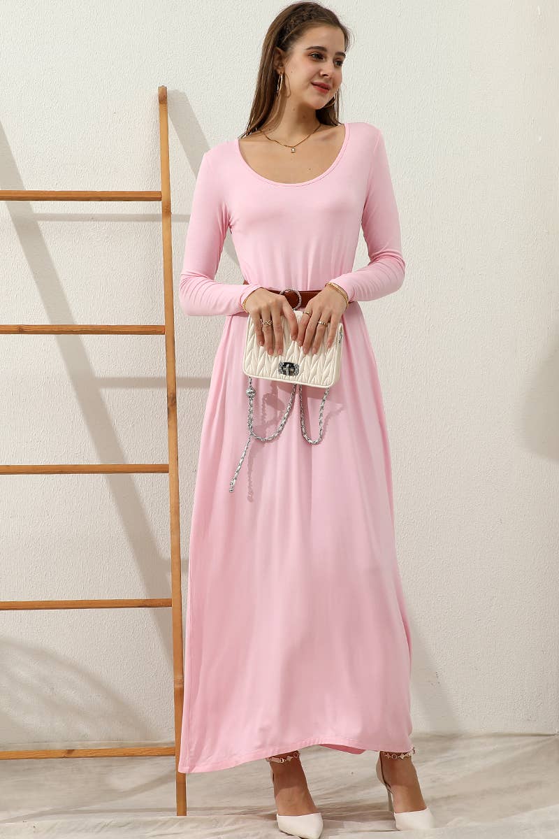 CWDMD799-P_R NECK LOOSE FIT MAXI DRESS WITH SIDE POCKETS