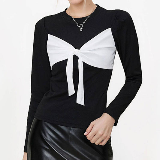 SLIM ROUND NECK LACE-UP PULLOVER BOW T-SHIRT