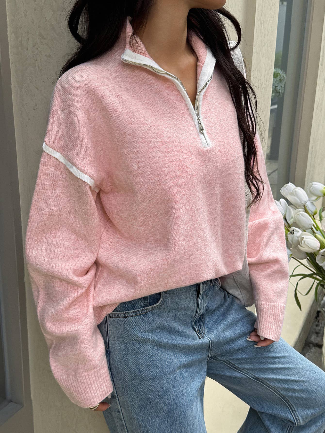 Solid-color long-sleeved semi-zipper sweater