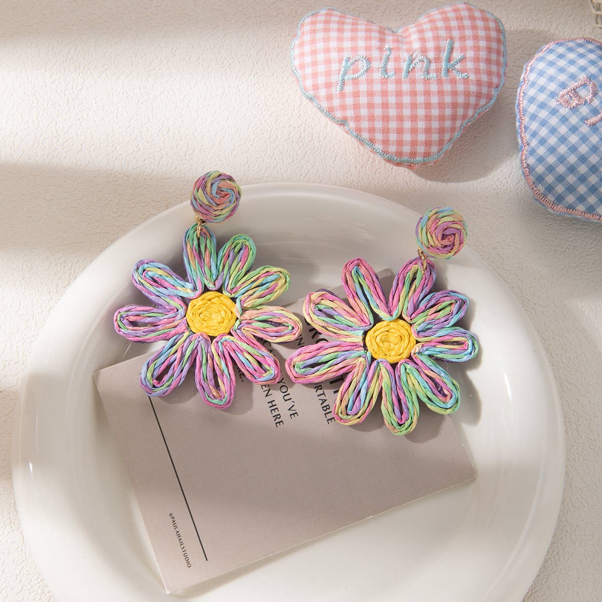 Vacation style raffia woven flower earrings