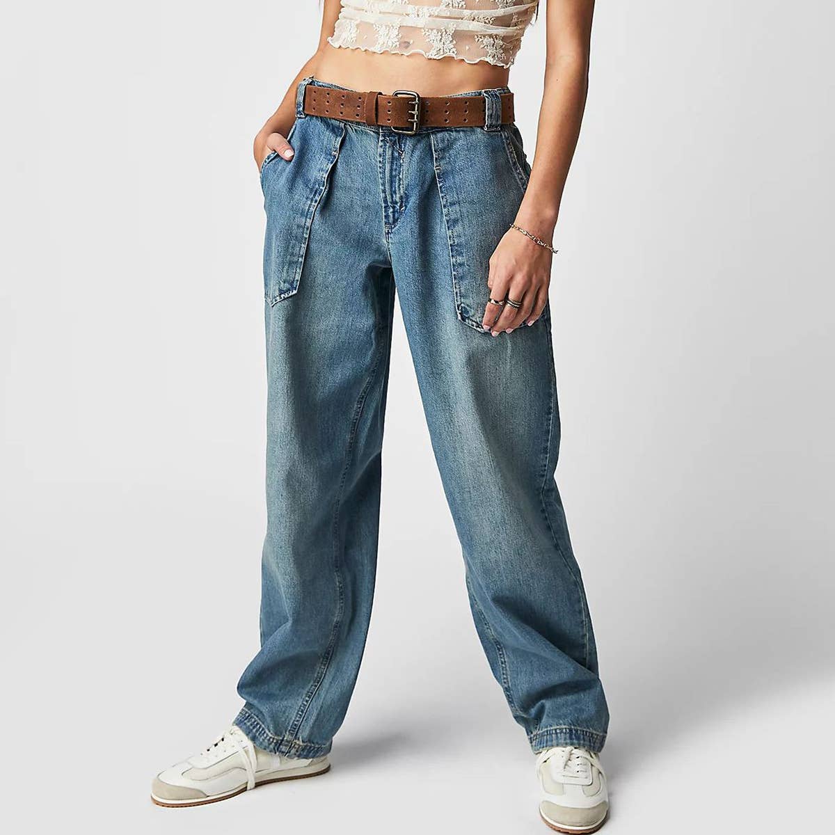 SOLID COLORS STRAIGHT LEG LARGE POCKETS JEANS