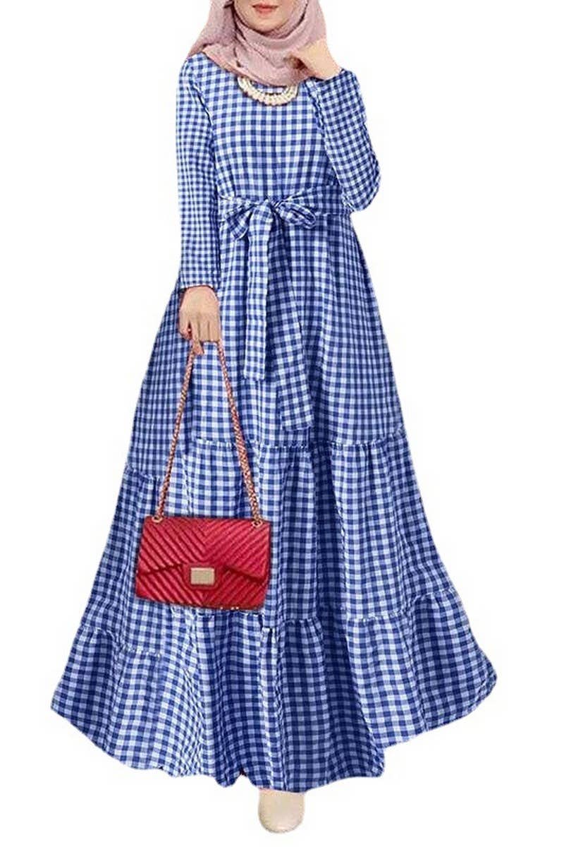 CWDMD3271_ROUND NECK PLAID BELT FULL SLEEVE MUSLIM DRESS