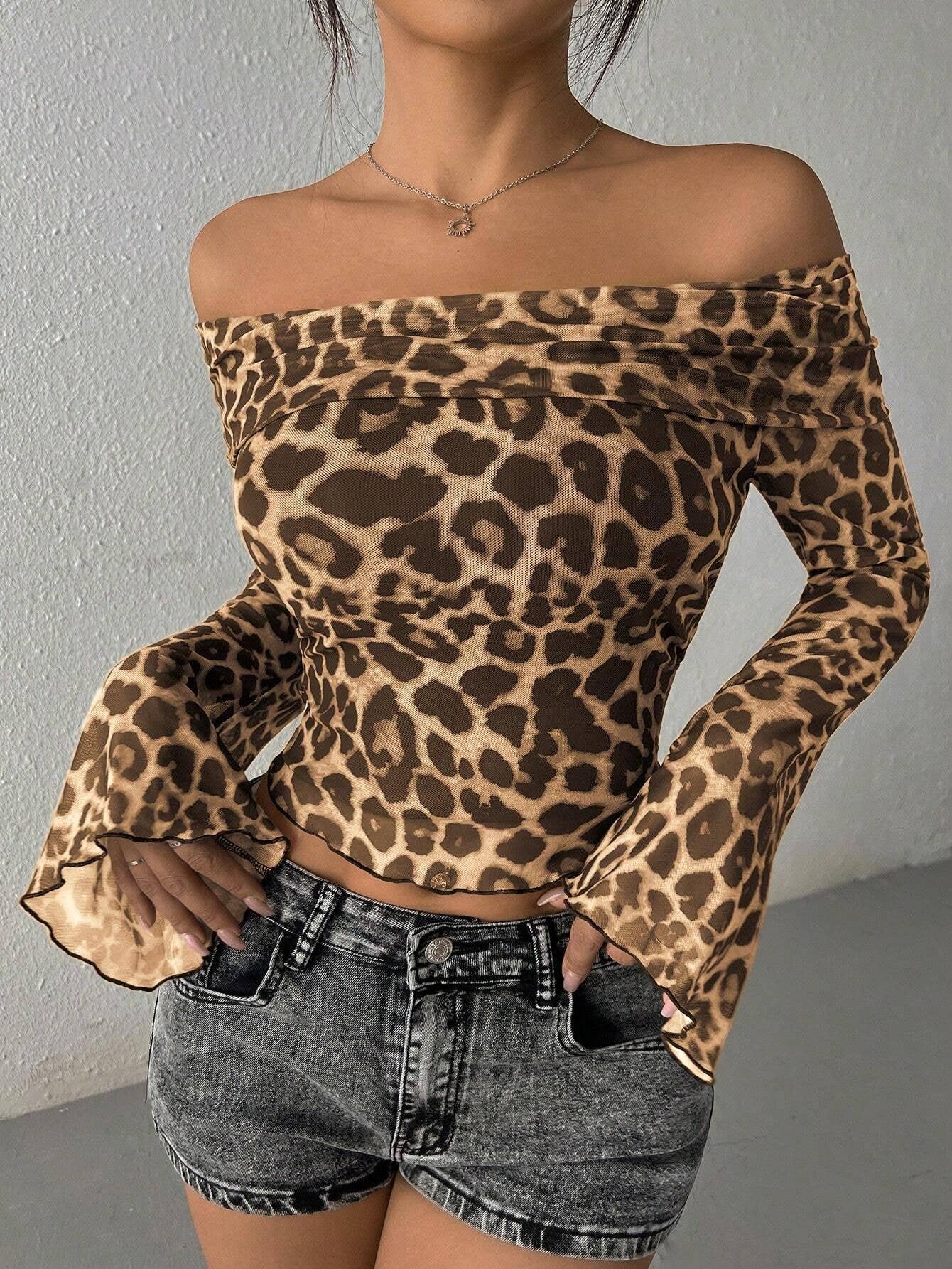 Leopard gauze one-shoulder long-sleeved T-shirt