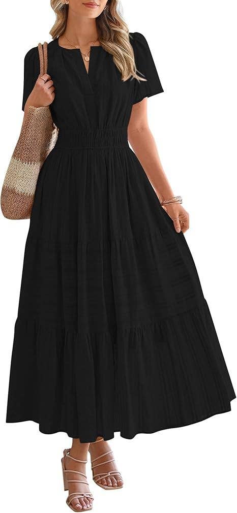 V-neck pleated puffy sleeve short sleeved dress