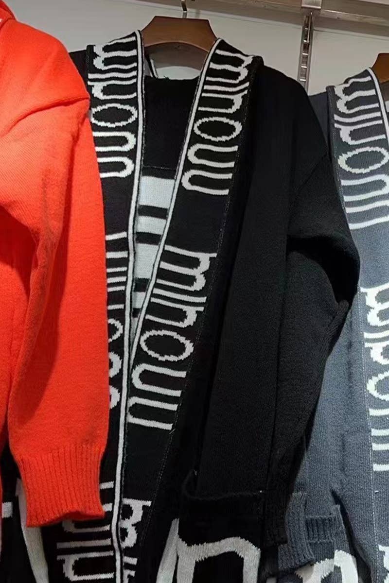 HOODED LETTER KNIT LONG SWEATER COAT