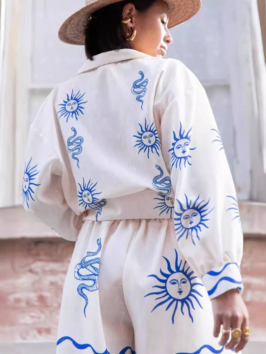 Fashion print casual cardigan shorts linen two-piece set