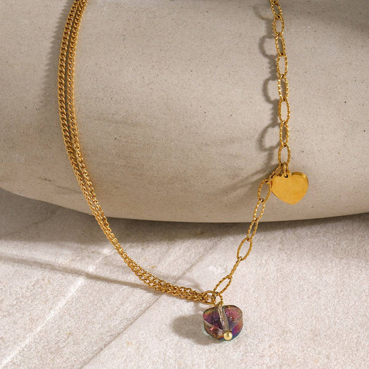 Elegant Purple Heart Anklet, Double Chain 18K Gold