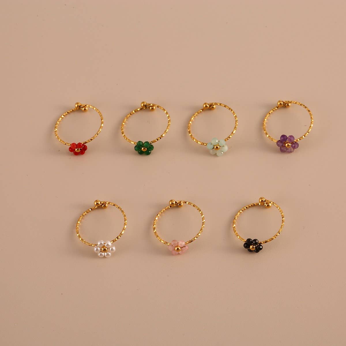 Adjustable Steel Ring with Gem Flower Design_CWMM8934