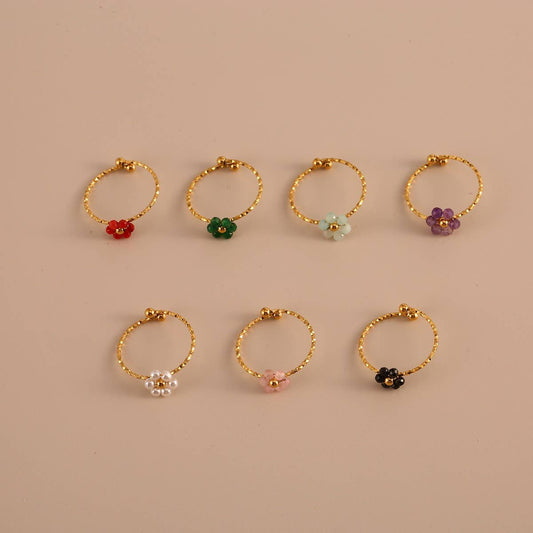 Adjustable Steel Ring with Gem Flower Design_CWMM8934