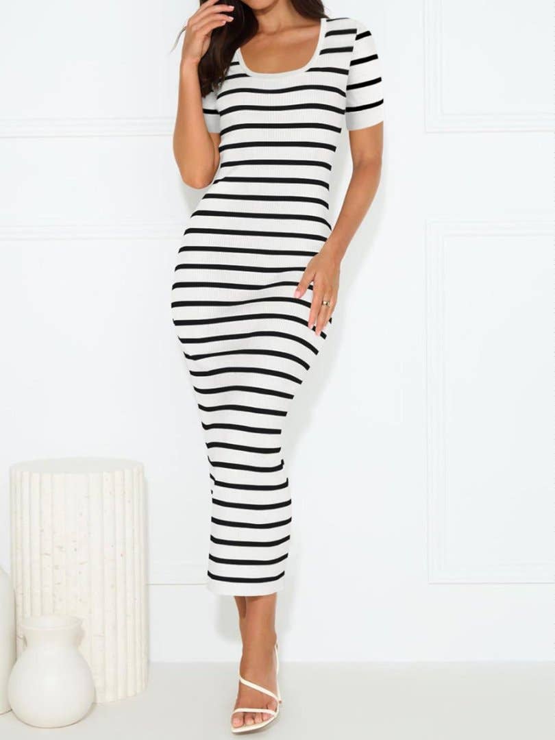 Striped patchwork short-sleeved U-neck dress