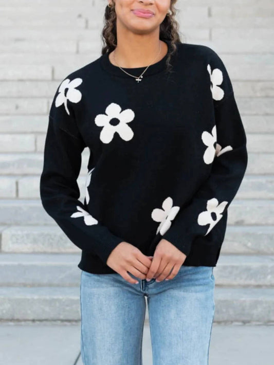 Flower-Jacquard Loose Round-Neck Knitted Sweater