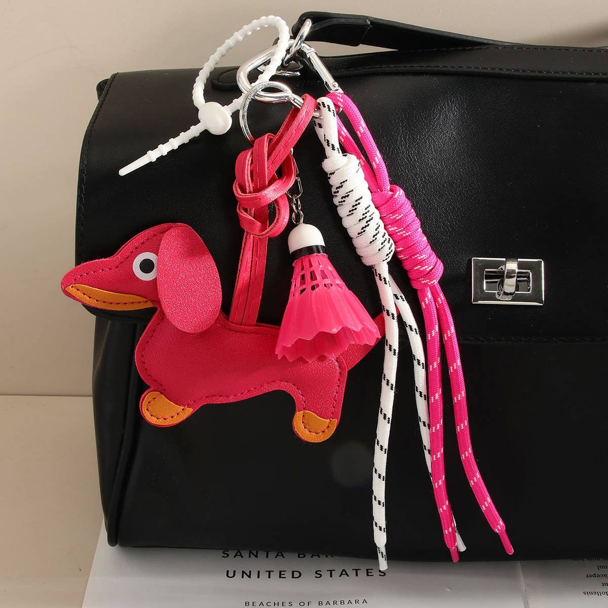 Cute Leather Dachshund Bag Charm with Shuttlecock