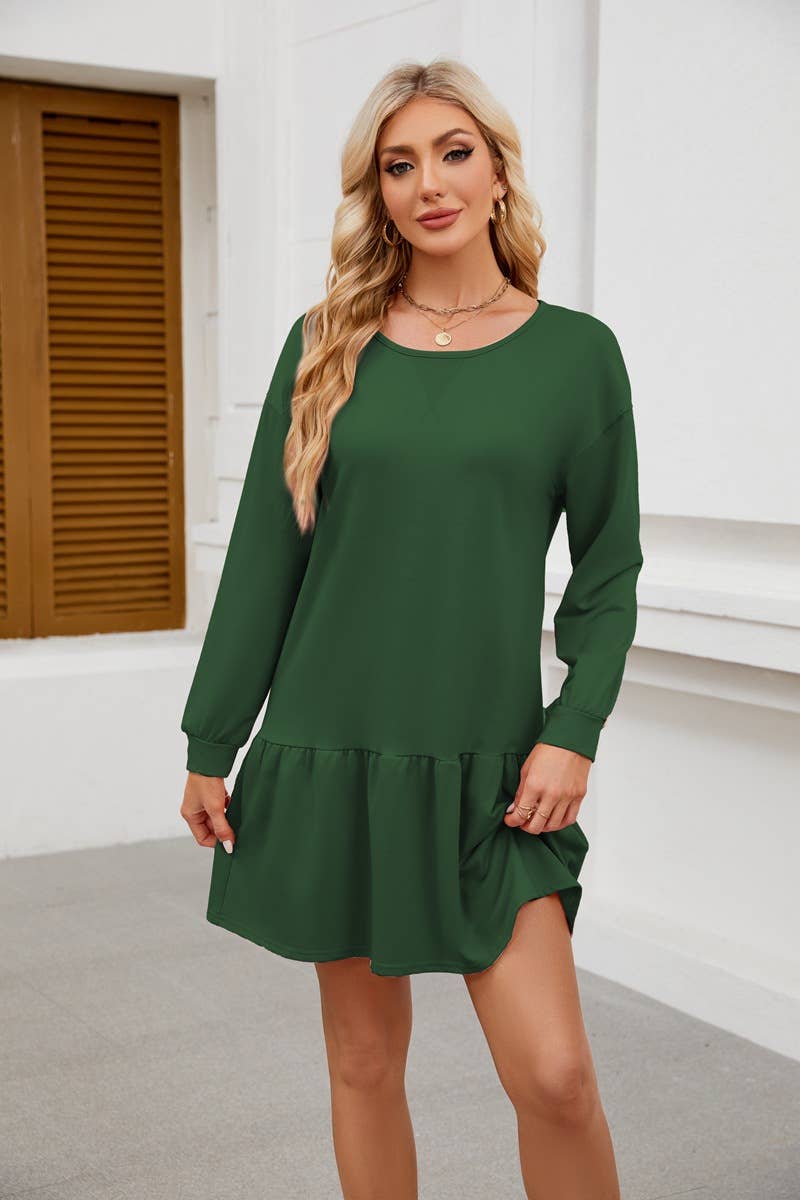 ROUND NECK LONG SLEEVE SOLID COLOR SHORT DRESS