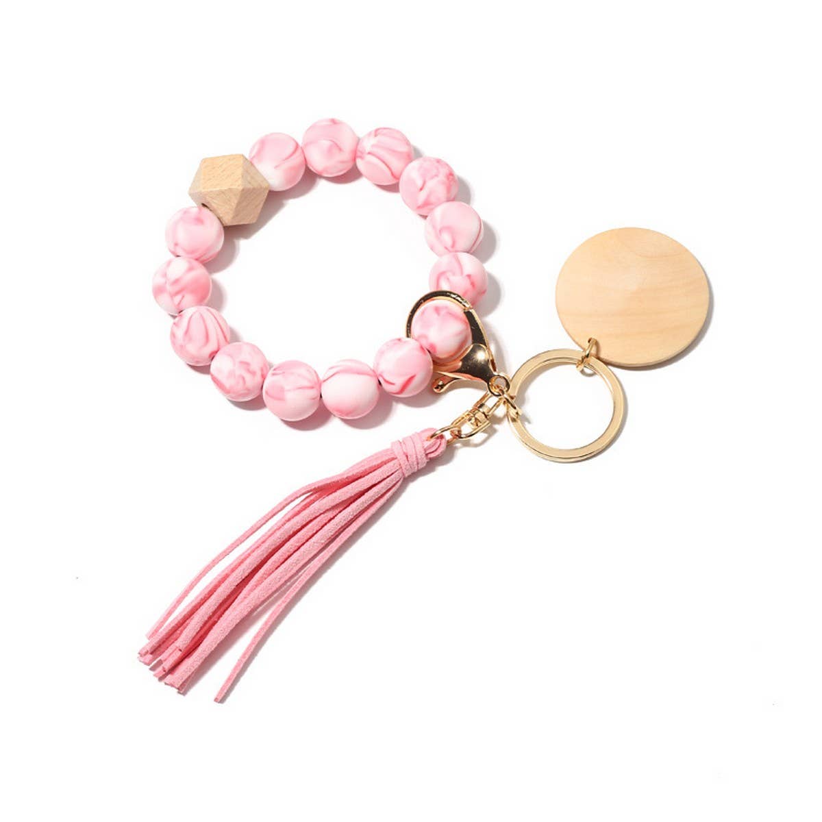 Silicone Bead Bracelet Keychain with Beech Wood