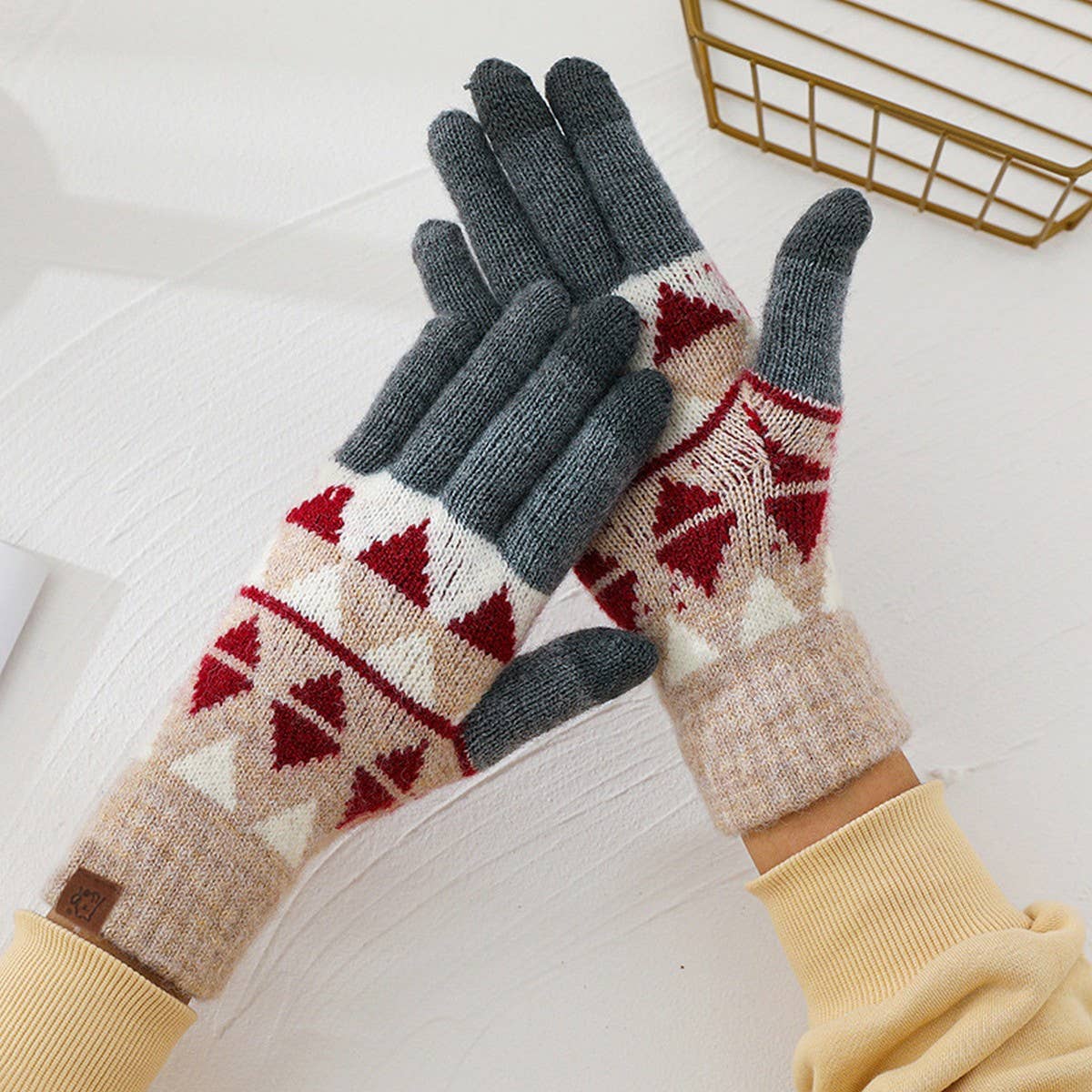 KNITTED FLEECE PLAID TOUCH SCREEN WARM GLOVES_CWAG0371