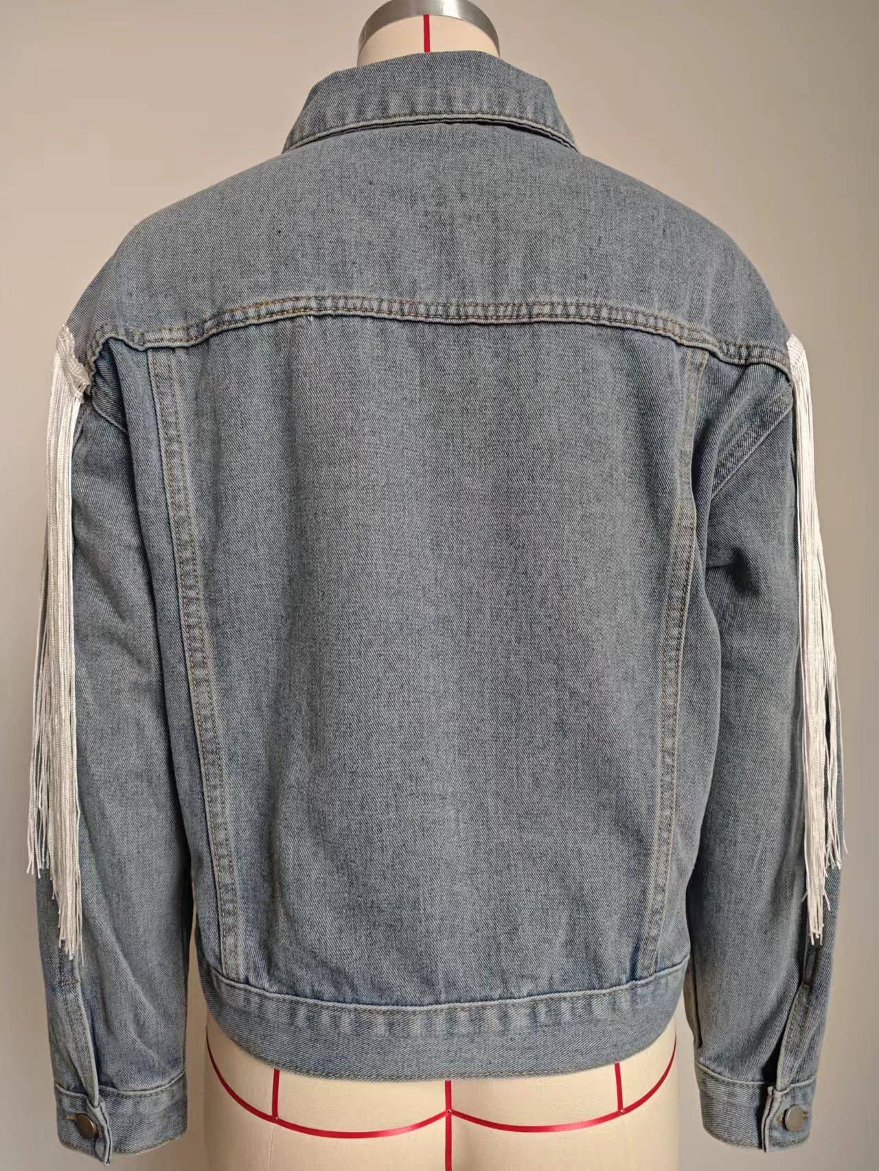WASHED LONG SLEEVE DENIM JACKET WITH FRINGE