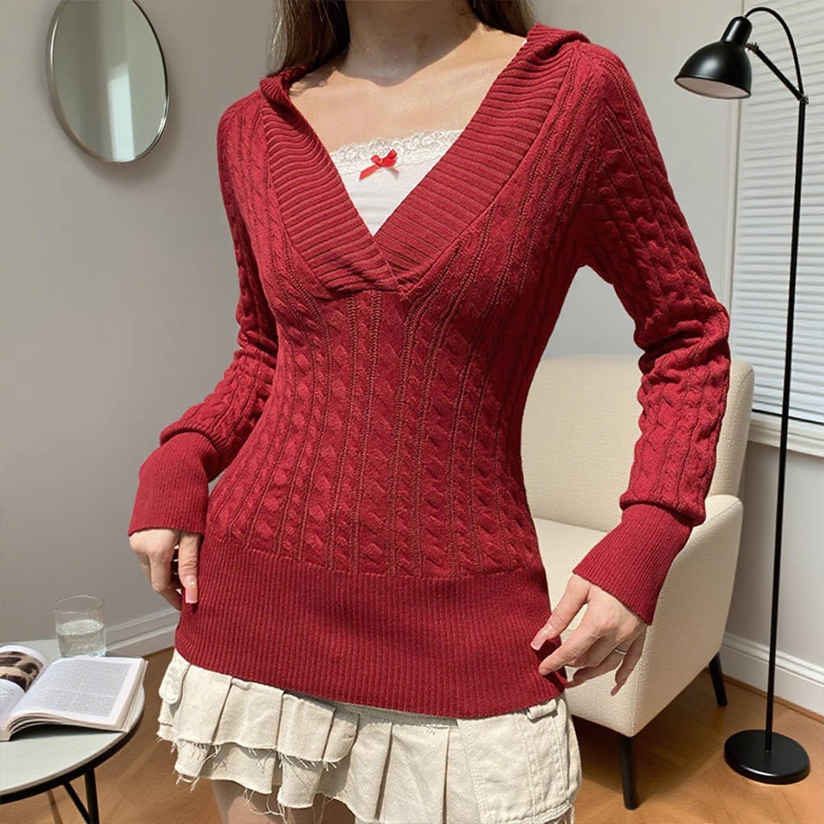 Solid-color deep V-neck hooded knitted sweater