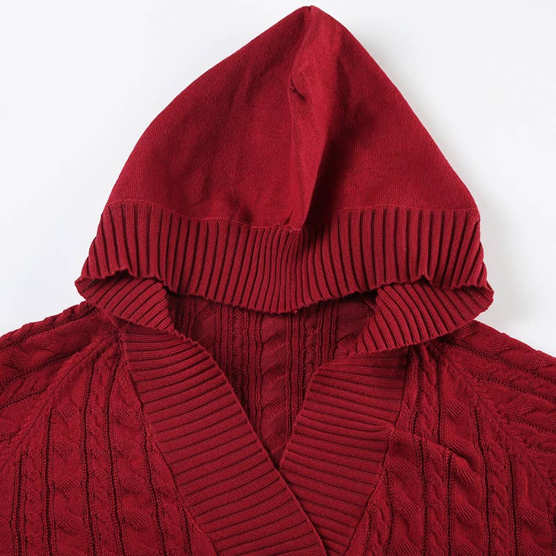 Solid-color deep V-neck hooded knitted sweater