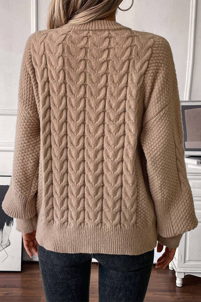 CWOSWL07456_CREW NECK SOLID CABLE KNIT LOOSE SWEATER