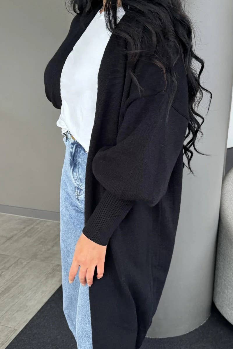 CWOCAL0821_PUFF SLEEVE  BUTTONLESS KNITTED CARDIGAN SWEATER