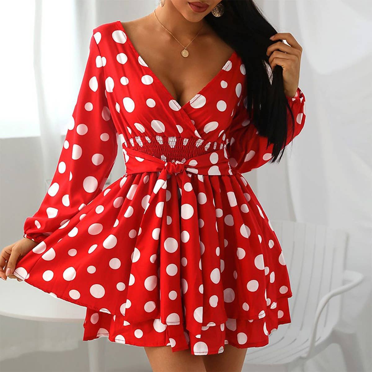 V-NECK LONG-SLEEVED POLKA DOT FASHION DRESS