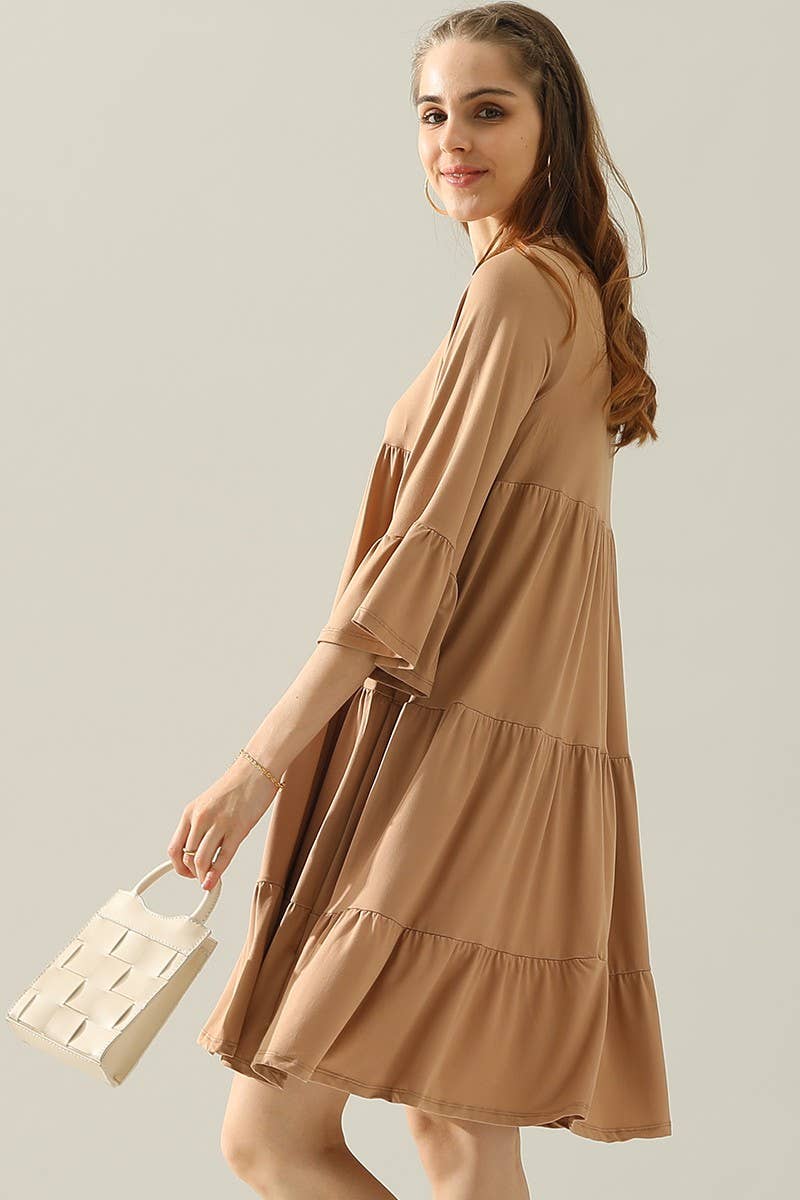 CWDSD10412_V NECK 3 TIERED RUFFLE DRESS WITH RUFFLE SLEEVE