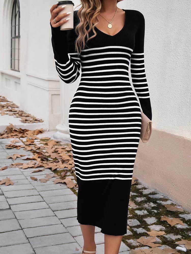 SLIM-FIT V-NECK STRIPED SWEATER DRESS
