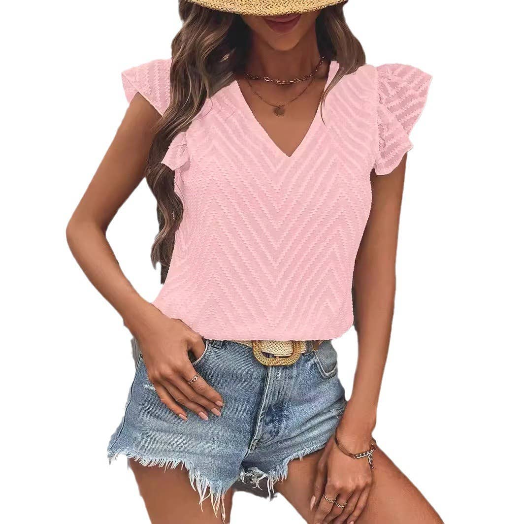 Short sleeve V-neck solid color chiffon shirt