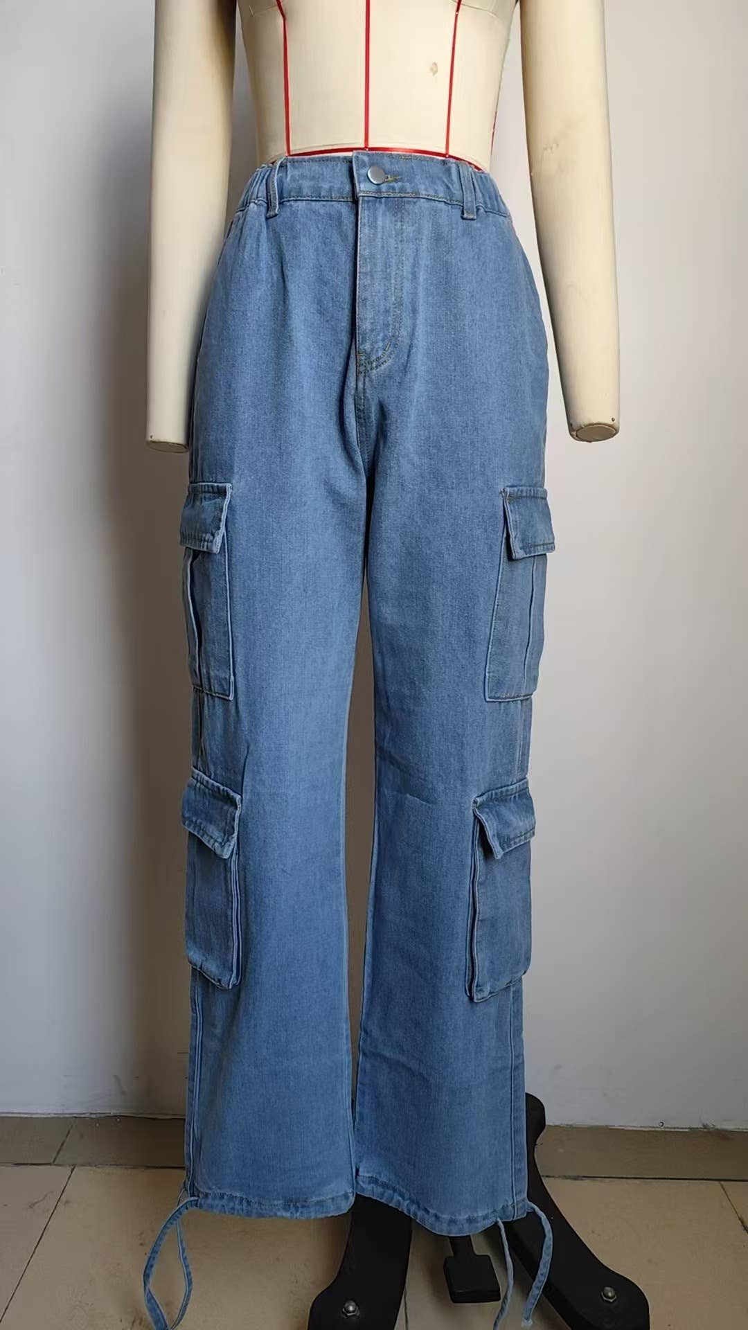 Washed work pants ribbon denim casual pants
