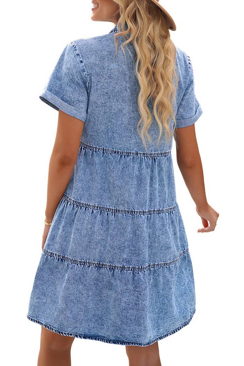 CWDSD5998_DENIM CASUAL SHORT-SLEEVED MIDI DRESS