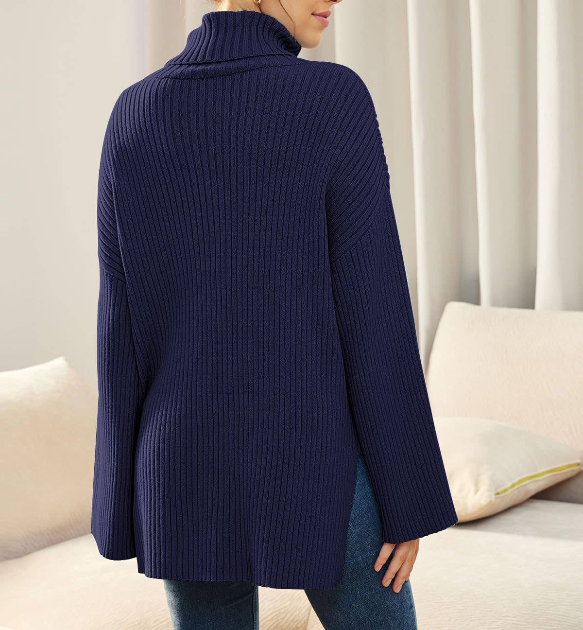 SPLIT TURTLENECK SOLID COLOR RIB KNIT SWEATER