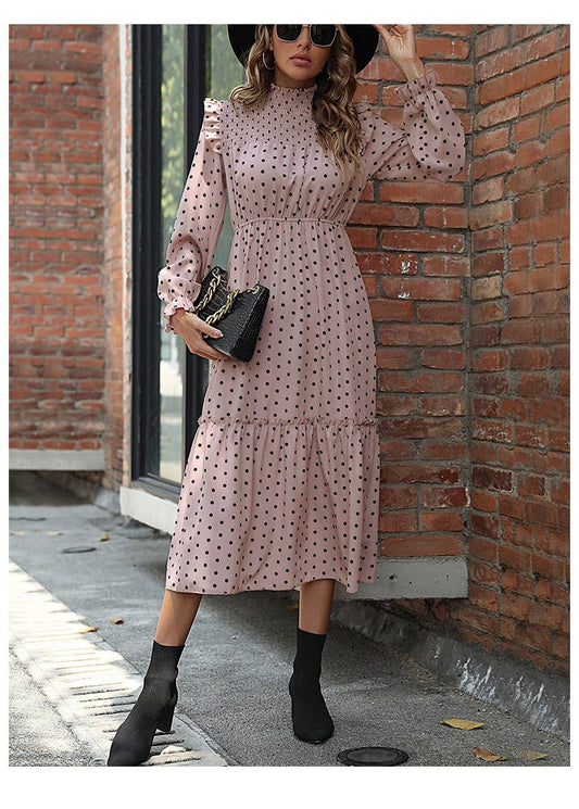 Half Turtleneck Polka-Dot Patchwork Cake Dress