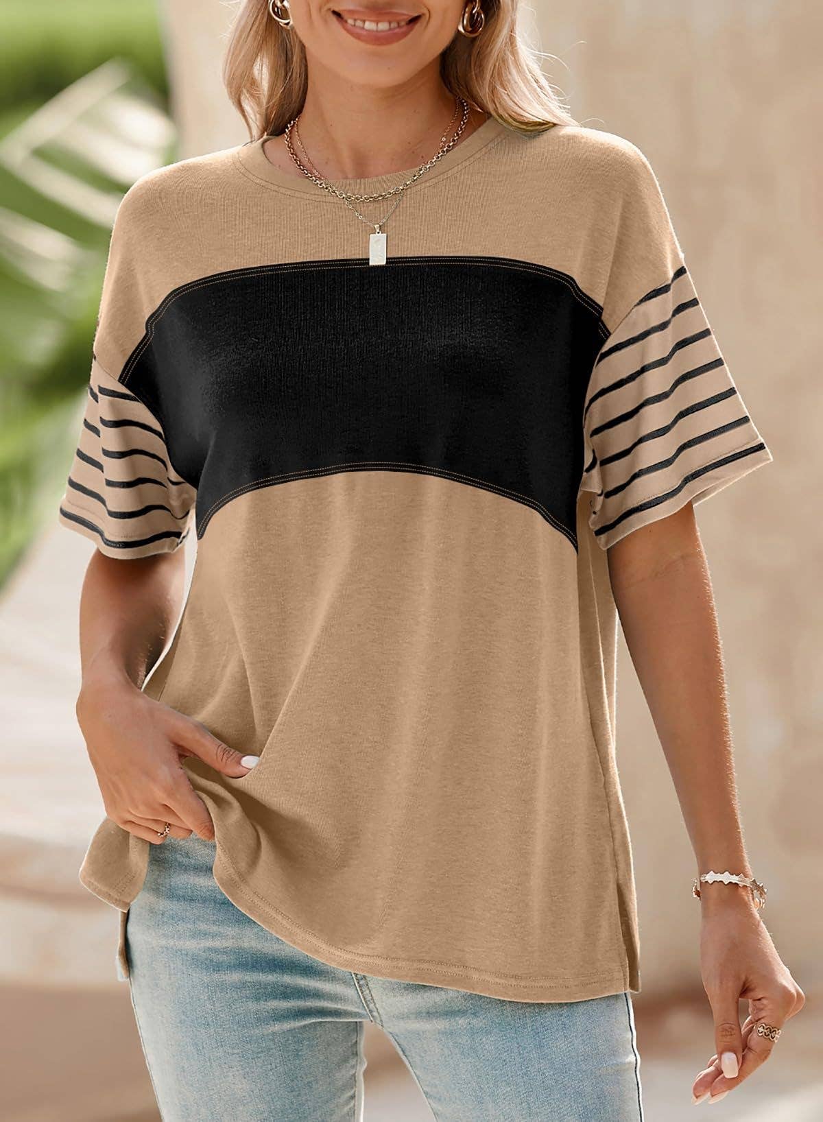 Women¡¯s colorblock striped crew neck tee