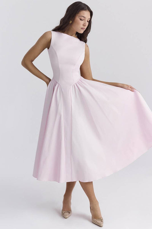 CWDMD6094_SOLID CREW NECK BACKLESS ELEGANT FASHION DRESS