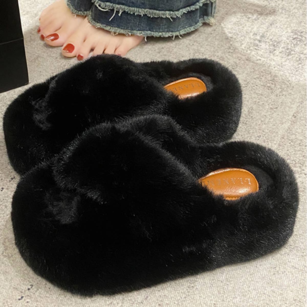 THICK SOLE CROSS STRAP FLUFFY BEDROOM SLIPPERS