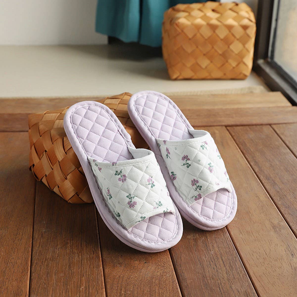 Floral Cotton Linen Slippers with Soft Sole