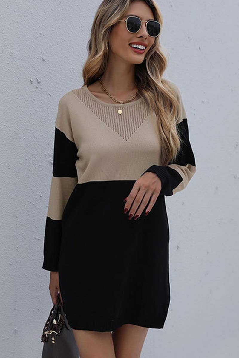 CWDSD7051_ROUND NECK LOOSE KNITTED PATCHWORK SWEATER DRESS