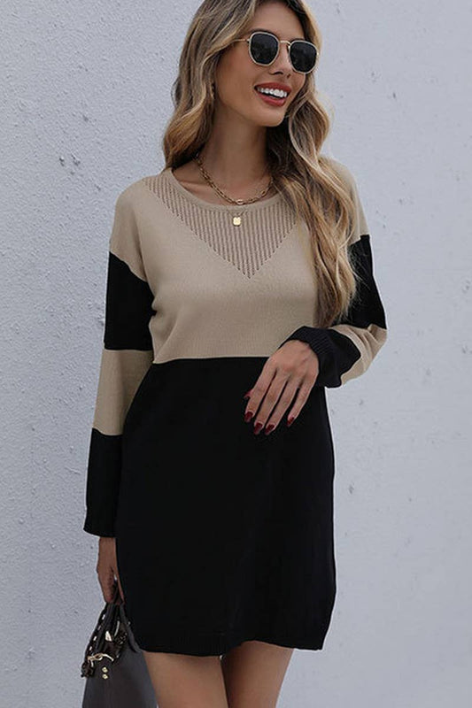 CWDSD7051_ROUND NECK LOOSE KNITTED PATCHWORK SWEATER DRESS