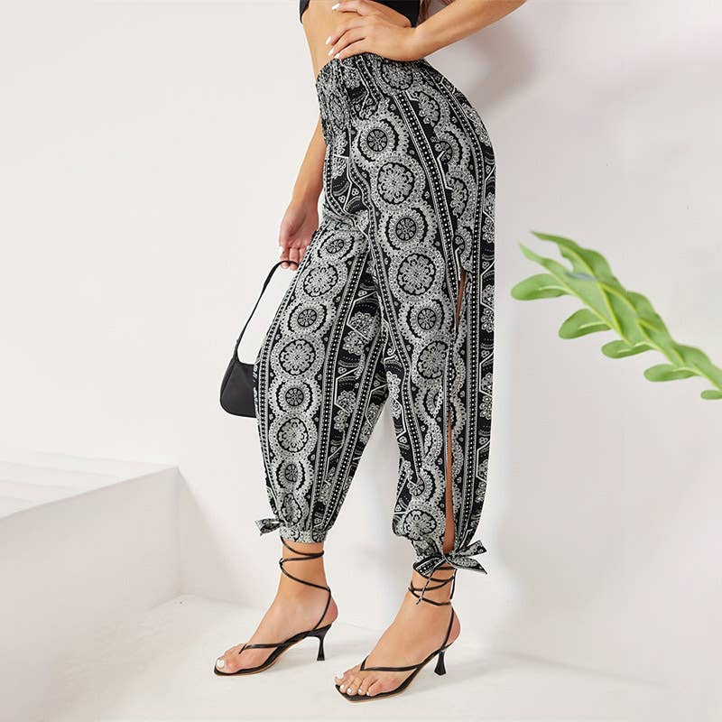 Elegant print thigh-slit wide-leg corset trousers