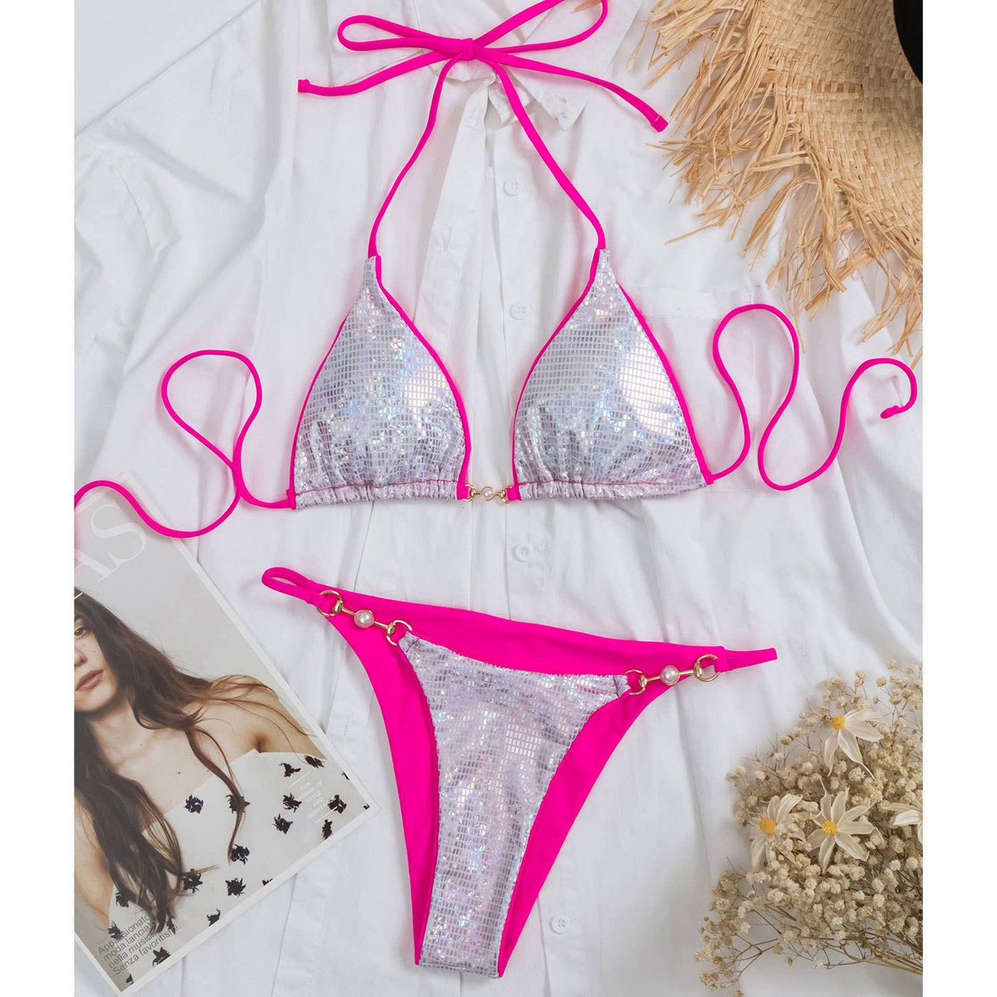 Women¡®s Shiny Bikini Set - Pearl Triangle Swimsuit