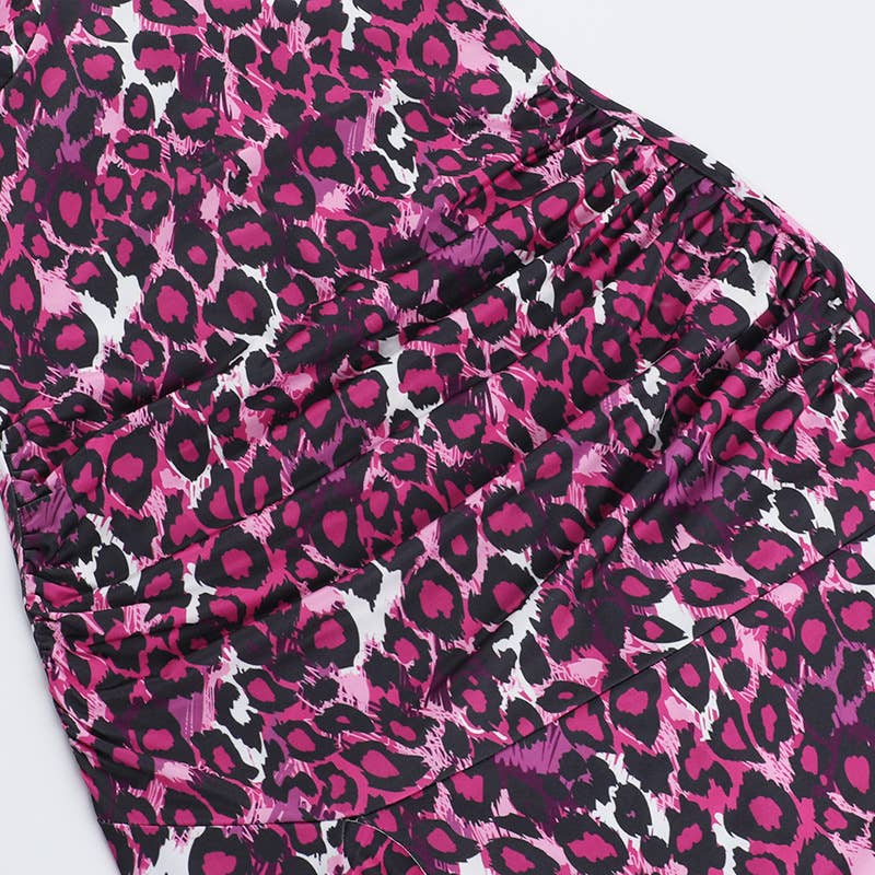 Lace-trimmed slit leopard print halter dress