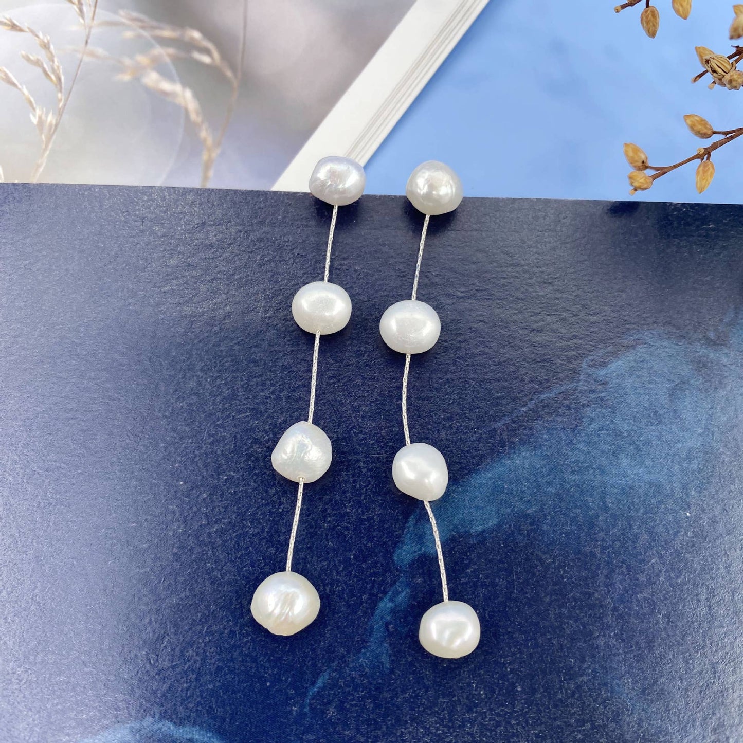 S925 Silver needle natural pearl long earrings