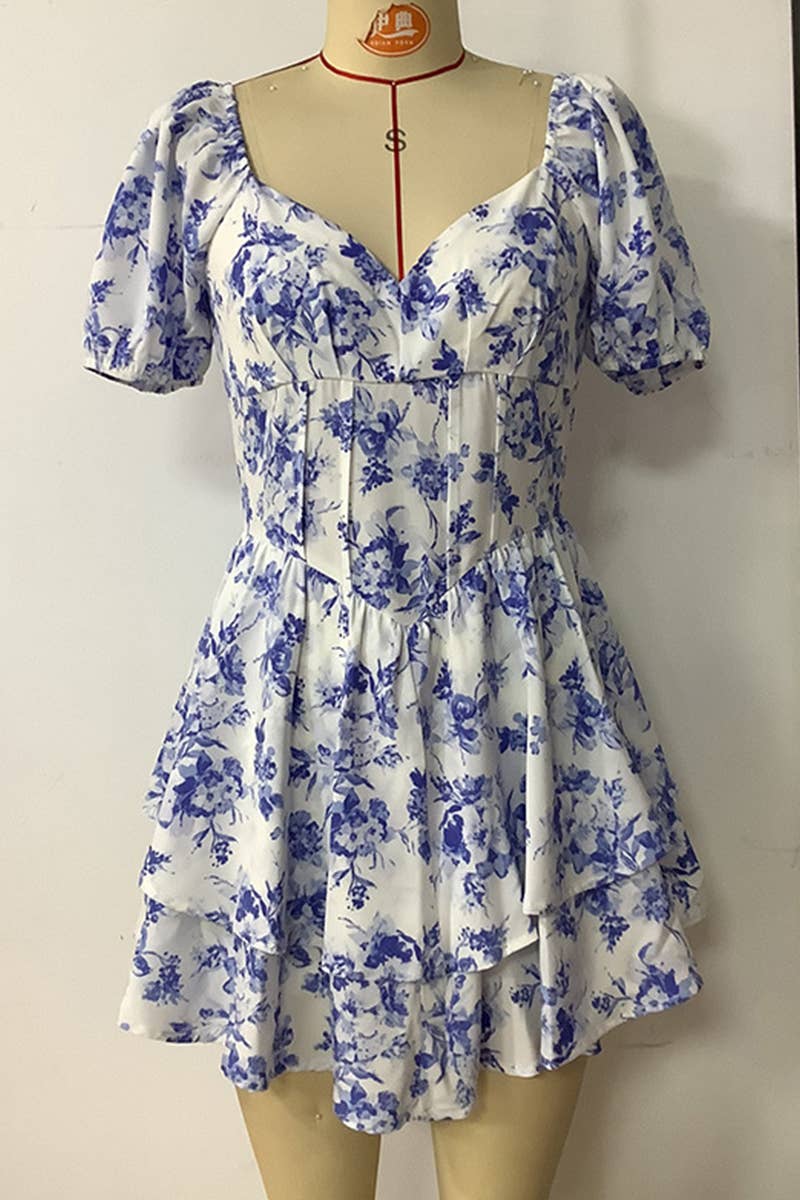 PRINTED SLIM SHORT SLEEVE CAKE DRESS