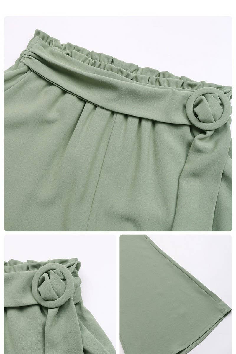 CWBLP0789_GREEN BELTED WIDE LEG PANTS