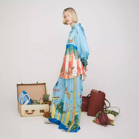 FASHION PRINTED SHIRT LONG SLEEVE PANTS SUIT