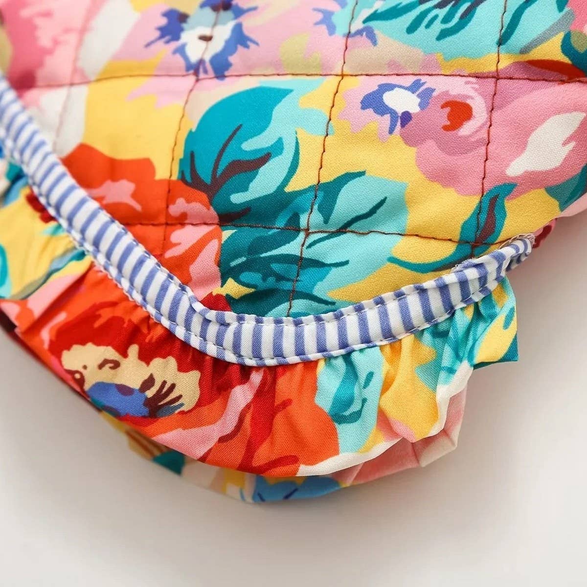 FLORAL PRINT CREW NECK PUFF SLEEVE QUILTED JACKETS