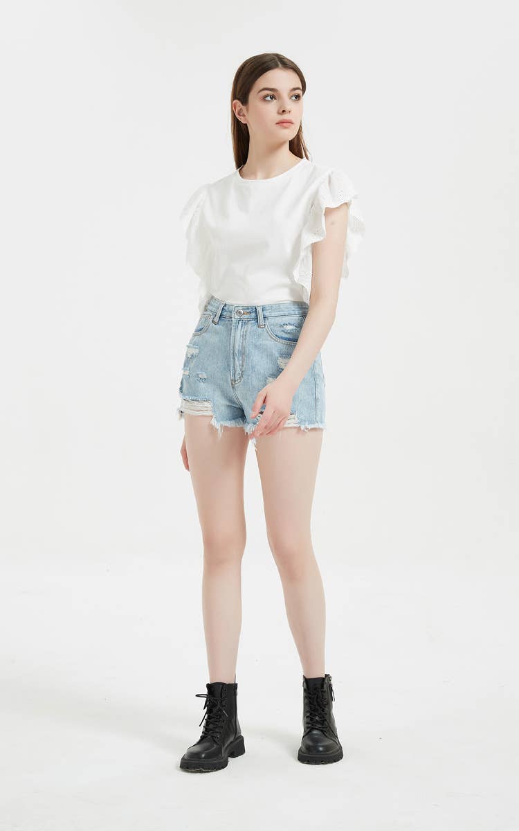 HIGH-WAISTED RIPPED HOT PANTS DENIM SHORTS