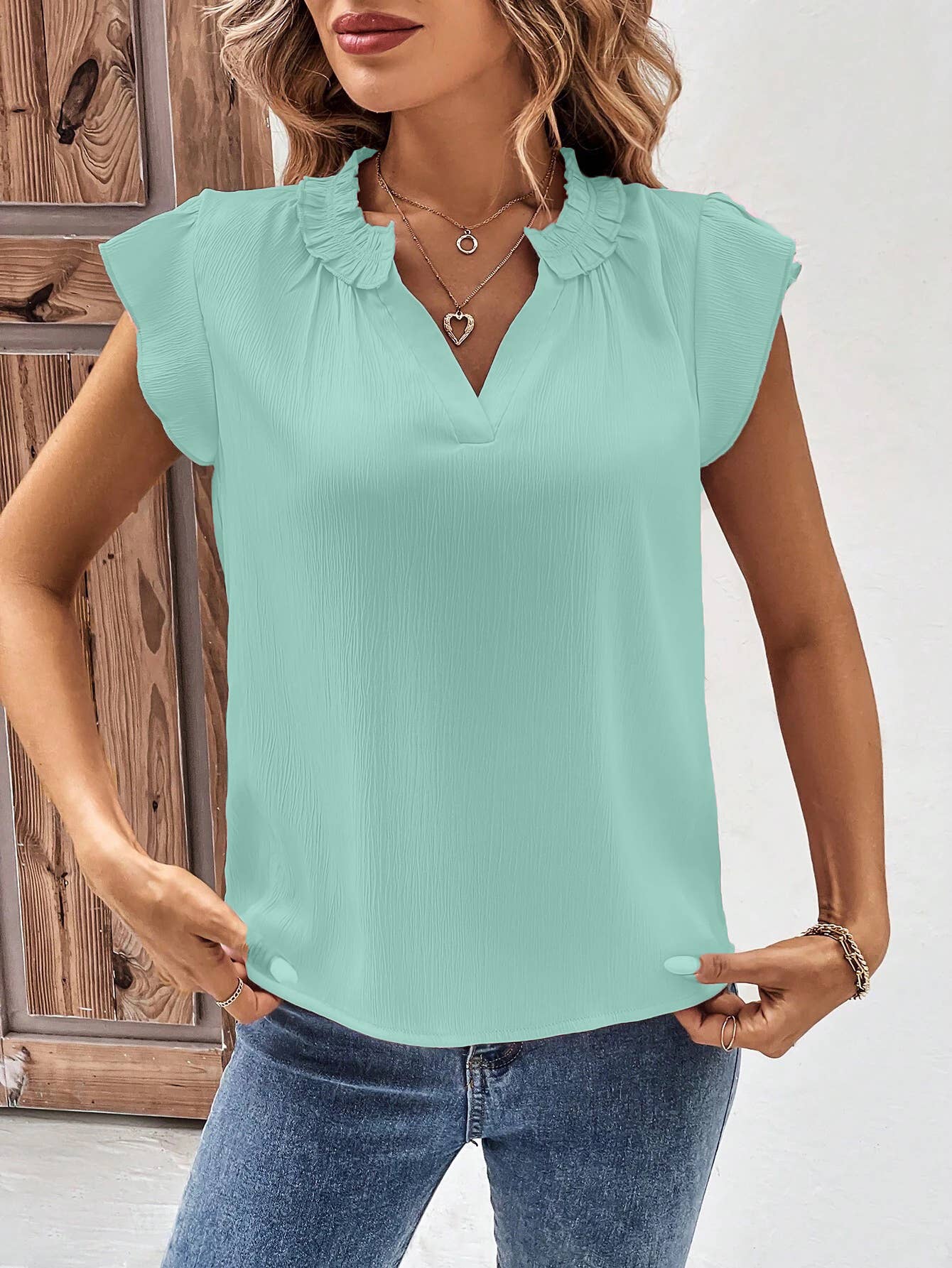 V-NECK RUFFLED TOP WITH RUFFLED SLEEVES