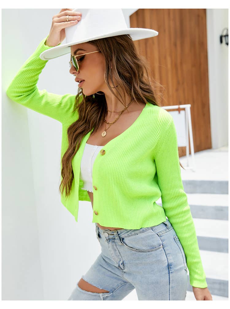 V-NECK SINGLE BREASTED HIGH WAIST KNIT CARDIGAN