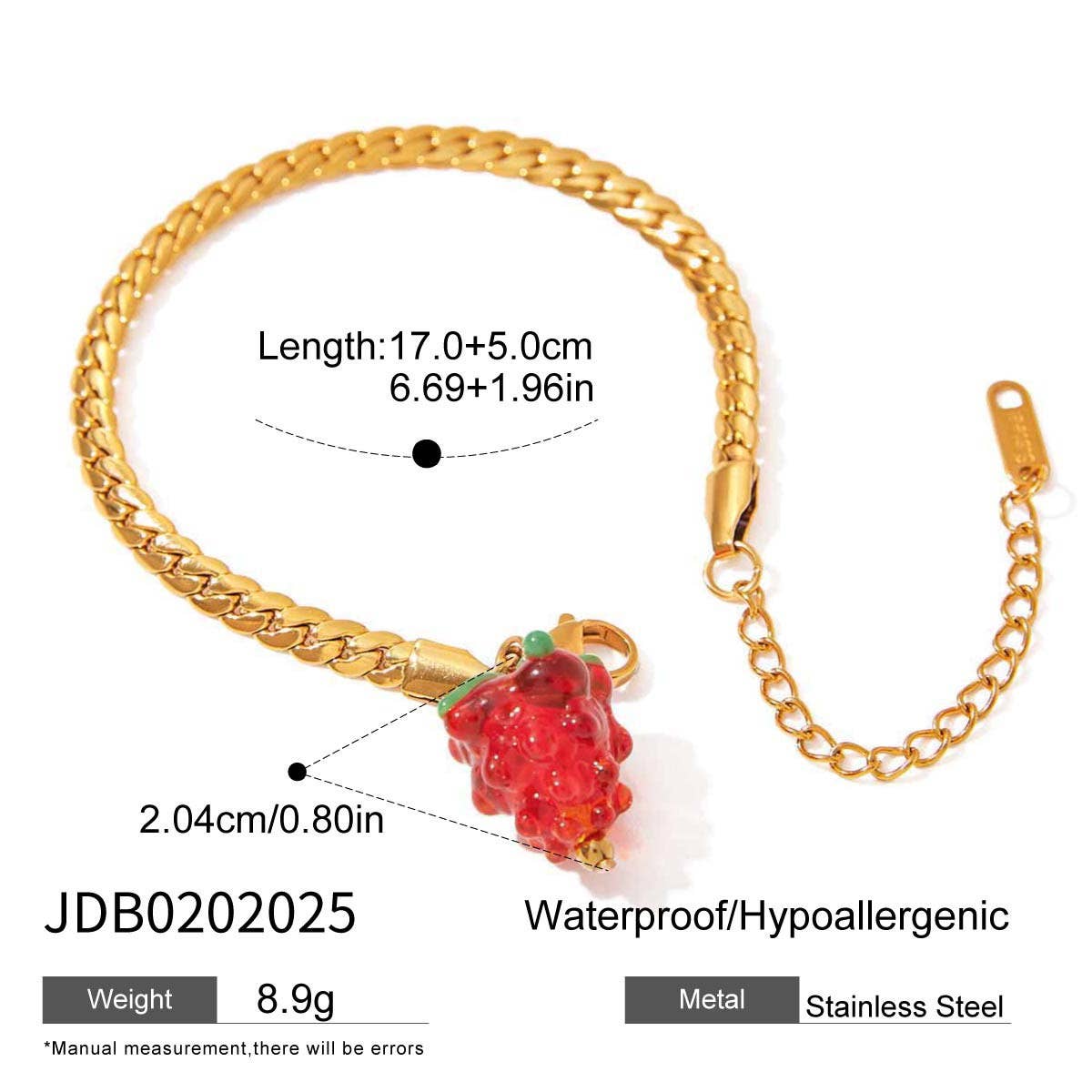 Elegant 18K Gold Flat Chain with Red Glass Charm